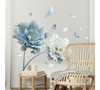 Tanlaby Blue Lotus Wall Stickers, Flower Butterfly Wall Decals Floral Wall Decal Removable Mural Wall Art Sticker for Living Room Bedroom Office Sofa TV Background Home Wall Decor