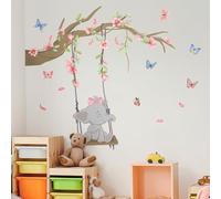 Tanlaby Cartoon Elephent Swing Wall Stickers, Branch Pink Flowers Butterflies Wall Decals, Self-Adhesive Mural Removable Wall Art Sticker for Nursery Kids Bedroom Playroom Living Room Wall Decor