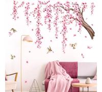 Tanlaby Cherry Blossom Tree Wall Stickers Pink Flowers Branch Wall Decals Peel and Stick Birds Art Decor for Living Room Bedroom Sofa TV Backdrop