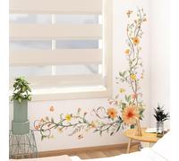 Tanlaby Daisy Flowers Vine Wall Stickers Yellow Wildflower Green Leaves Butterfly Wall Decals Peel and Stick Floral Wall Art Sticker for Girls Bedroom Living Room Door Furniture Decor