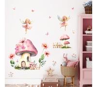 Tanlaby Fairy Pink Mushroom Wall Decals Flowers Butterfly Elf Wall Stickers Peel and Stick Art Decor for Girls Bedroom Baby Nursery Kids Toddler Playroom