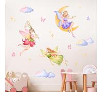 Tanlaby Fairy Wall Decals Elf Moon Star Clouds Wall Stickers Peel and Stick Art Decor for Girls Bedroom Baby Nursery Kids Toddler Playroom
