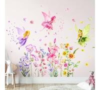 Tanlaby Flower Fairy Wall Stickers, Floral Butterfly Elves Wall Decals, Self-Adhesive Mural Removable Wall Art Sticker for Girls Kids Nursery Kids Bedroom Living Room Wall Decor