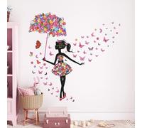 Tanlaby Flower Fairy Wall Stickers, Girl with Umbrella Colorful Butterfly Floral Wall Decals, DIY Vinyl Mural Art for Girls Baby Nursery Bedroom Living Room Playroom Wall Decor