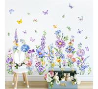 Tanlaby Flower Wall Decals Daisy Grass Butterflies Wildflowe Wall Stickers Floral Botanical Wall Art Decor for Baby Nursery Girls Bedroom Living Room Sofa