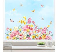 Tanlaby Flower Window Clings Stickers Pink Hydrangea Static Window Stickers Summer Butterfly Double-Side Glass Decals Anti-Collision Decor for Living Room Kitchen Windows Bathroom Doors