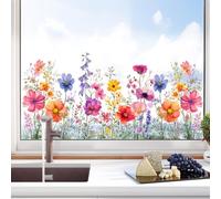 Tanlaby Garden Flower Window Clings Spring Summer Wildflower Grass Decals Colorful Florals Stickers Double Sided Anti-Collision Static Clings for Home Glass Doors