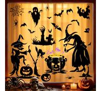 Tanlaby Halloween Window Clings Black Witch Cauldron Bat Cat Window Stickers Spider Ghost Silhouette Decals for Halloween Party Home Haunted House Indoor Room Glass Mirror Door Decor