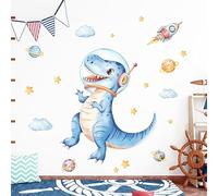 Tanlaby Large Blue Dinosaur Wall Stickers Space Dino Astronaut Wall Decals Peel and Stick Rocket Planets Clouds Art Decor for Baby Nursery Boys Girls Kids Toddler Bedroom Playroom Classroom