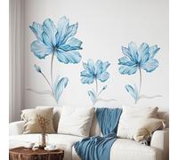 Tanlaby Large Blue Flower Wall Decals Transparent Watercolor Floral Blossom Wall Stickers Removable Wall Art Sticker for Girls Bedroom Living Room Hallway Office Bathroom Wall Decoration