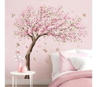 Tanlaby Large Cherry Blossom Tree Wall Decals Pink Peach Flower Tree Wall Stickers with Hummingbirds Peel and Stick Spring Wall Art Decor for Girls Kids Bedroom Nursery Living Room TV Decoration