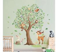 Tanlaby Large Jungle Animal Tree Wall Stickers Woodland Animal Monkey Deer Safari Wall Decals Peel and Stick Art Decor for Baby Nursery Kids Playroom Daycare Bedroom (H: 138 cm)