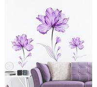 Tanlaby Large Purple Flower Wall Sticker Watercolor Transparent Floral Blossom Wall Decals Self-Adhesive Removable Wall Art Sticker for Living Room Hallway Bedroom Offices Bathroom Wall Decoration