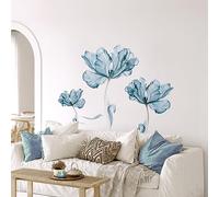 Tanlaby Light Blue Flower Wall Stickers, Large Floral Lotus Blossom Wall Decals, DIY Vinyl Mural Art for Bedroom Living Room Sofa TV Backdrop Wall Decor