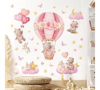 Tanlaby Pink Hot Air Balloon Wall Stickers Cartoon Bear Rabbit Stars Hearts Wall Decals Peel and Stick Art Decor for Girls Bedroom Baby Nursery Kids Playroom Daycare Classroom