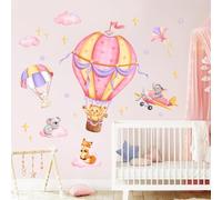 Tanlaby Pink Hot Air Balloon Wall Stickers Jungle Animals Fox Leopard Elephant Wall Decals Peel and Stick Art Decor for Baby Nursery Kids Bedroom Playroom Daycare Classroom
