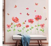 Tanlaby Pink Red Flower Wall Stickers Poppies Floral Wall Decals Butterfly Flying Wall Art Sticker for Bedroom Living Room Offices Kitchen Wall Home Decoration