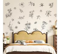 Tanlaby Sketch Wildflower Wall Stickers, Black Flower Wall Decals Retro Garden Floral Wall Decor Peel and Stick Walll Art for Bedroom Office Sofa TV Backdrop