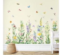 Tanlaby Spring Summer Flower Wall Stickers Floral Grass Wildflower Wall Decals with Butterfly Plant Peel and Stick Wall Art Decor for Living Room Kitchen Bedroom