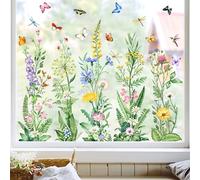 Tanlaby Spring Summer Flower Window Stickers Floral Grass Wildflower Window Clings with Butterfly Green Plant Static Window Decals for Home Glass Doors Decor