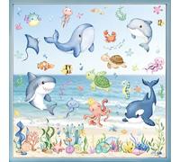 Tanlaby Summer Ocean Window Stickers Under The Sea Fish Marine Animal Window Clings Double Sided Whale Turtle Decals for Home Glass Bathroom Doors