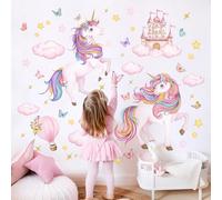 Tanlaby Unicorn Wall Decals Unicorn Castle Wall Stickers with Butterflies Clouds Star Peel and Stick Wall Art Decals for Baby Nursery Girls Bedroom Daycare Decor