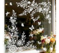 Tanlaby White Flowers Window Stickers Spring Static Window Clings Floral Wildflower Butterfly Double-Side Glass Decals Anti-Collision Decor for Living Room Kitchen Bathroom Doors