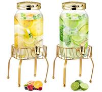 Tanlade 2 Pcs Plastic Drink Dispenser with Stand Beverage Dispenser with Sturdy Metal Base Juice Jar for Parties Lemonade Jar Spigot for Weddings Countertop Water, Each 1 Gallon (Gold)