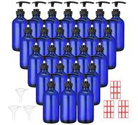 Tanlade 24 Pcs 8 oz Glass Pump Bottle Empty Bottle Glass Soap Dispenser with Pump Refillable Containers and Labels Funnels for Essential Oils Cleaning Products Lotions Conditioner(Blue)