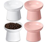 Tanlade 4 Pcs Raised Cat Bowls Elevated Cat Bowl Ceramic Tilted, Stress Free, Backflow Prevention, Dishwasher and Microwave Safe for Indoor Kitten, Puppies(White and Pink)