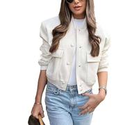 TANMESSO Casual Women's Cropped Bomber Jacket - Button Down Varsity Shacket with Pockets (Apricot,L,L,Regular,Regular)