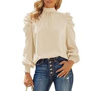 TANMESSO Women’s Satin Mock Neck Long Sleeve Blouses Smocked Puff Sleeve Business Casual Work Tops (apricot,XL,XL,Regular,Regular)
