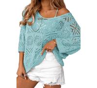 TANMESSO Women's 2024 Spring Summer Off Shoulder 3/4 Sleeve Crochet Hollow Out Pullover Sweater (light blue,S,S,Regular,Regular)