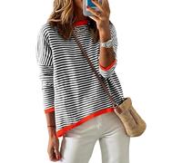 TANMESSO Women's 2024 Striped Color Block Long Sleeve Tops Casual Crewneck Cotton Pullover Sweaters (A Black,XX-Large,XXL,Regular,Regular)