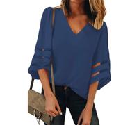 TANMESSO Women's 3/4 Sleeve V Neck Lace Patchwork Blouse Fashionable Casual Loose Fit Shirt Tops (blue,XXL,XXL,Regular,Regular)