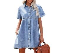 TANMESSO Women's Denim Babydoll Tiered Short Sleeve Button Down Jean Shirt Dress (Light blue,M,M,Regular,Regular)