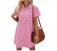 TANMESSO Women's Denim Babydoll Tiered Short Sleeve Button Down Jean Shirt Dress (Pink,L,L,Regular,Regular)