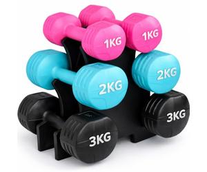 Tanness 12KG Dumbbells Set 6pc with Dumbbell Rack - Adjustable Free Weights Set for Women Men Home Gym Strength Training, Hand Weights 1kg 2kg 3kg Pairs, Pink Blue Black