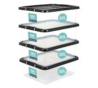 TANNESS - 2 Pack 30L Underbed Storage Boxes with Lids | Clear Plastic Storage Containers with Black Lids | Stackable Storage Boxes for Home, Office, and Kitchen Organization