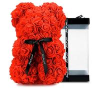 TANNESS 25cm Rose Bear with Transparent Gift Box & Black Ribbon, Rose Petals Teddy Bear Presents for Women, Artificial Flowers Rose Bear Valentines Gifts for Her, for Girlfriend (Red)