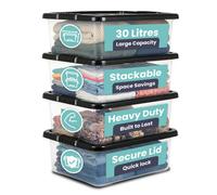 Tanness 4 Pack 30L Underbed Storage Boxes With Black Lids- Stackable Storage Boxes For Home, Office, And Kitchen Organization