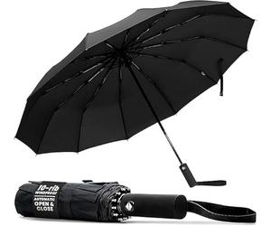 TANNESS Windproof Travel Umbrellas for Women and Men | 12 Rib - Automatic Folding Lightweight Compact Umbrella for Rain and Sun Protection | Ideal as Beach Umbrella and Patio | (Black)