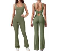 Tanou Yoga Jumpsuits Women Sleeveless Sexy Backless Bodycon Full Length Bodysuit Stretch Unitard Army Green L