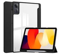 TANOVCEP Tablet Case for Xiaomi Redmi Pad SE, Slim Tri-Fold Cover with Pen Holder, Shockproof Cover with Clear Transparent Back Shell for Redmi Pad SE, Auto Wake/Sleep (Black, Xiaomi Redmi Pad SE)