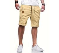 Tansozer Men's Khaki Bermuda Shorts - Lightweight, Breathable Cotton Linen Elastane Blend - Elasticated Waist, Drawstring - Deep Pockets - Multisport - Size L