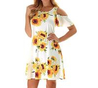 Tanst Sky Women Clothes Women Cold Shoulder Dress Floral Printed Short Sleeve Sundress with Pocket, Sunflowers, Small