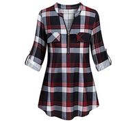 Tanst Sky Womens Casual Long Sleeve Zipped V Neck Plaid Tunic Blouses, A-red Plaid, XL