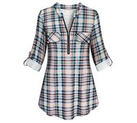 Tanst Sky Womens Casual Long Sleeve Zipped V Neck Plaid Tunic Blouses - Multi - Medium