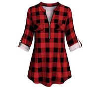 Tanst Sky Womens Casual Long Sleeve Zipped V Neck Plaid Tunic Blouses, Red Plaid-3, 3XL