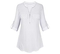 Tanst Sky Womens Casual Long Sleeve Zipped V Neck Plaid Tunic Blouses, White Black Stripe, XXL